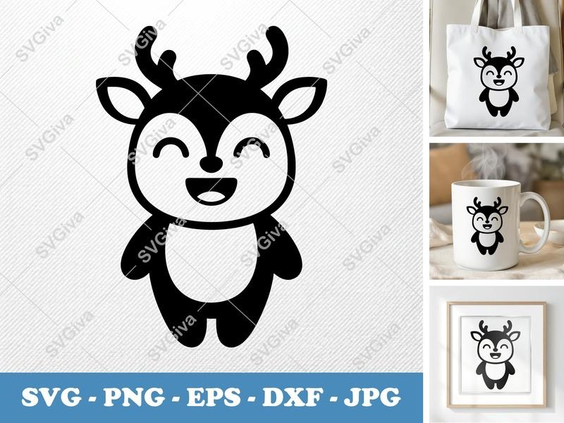 Deer Smiling Happily SVG | Puffy Cartoon Style Cut File for Cricut, Silhouette | PNG DXF EPS Vector