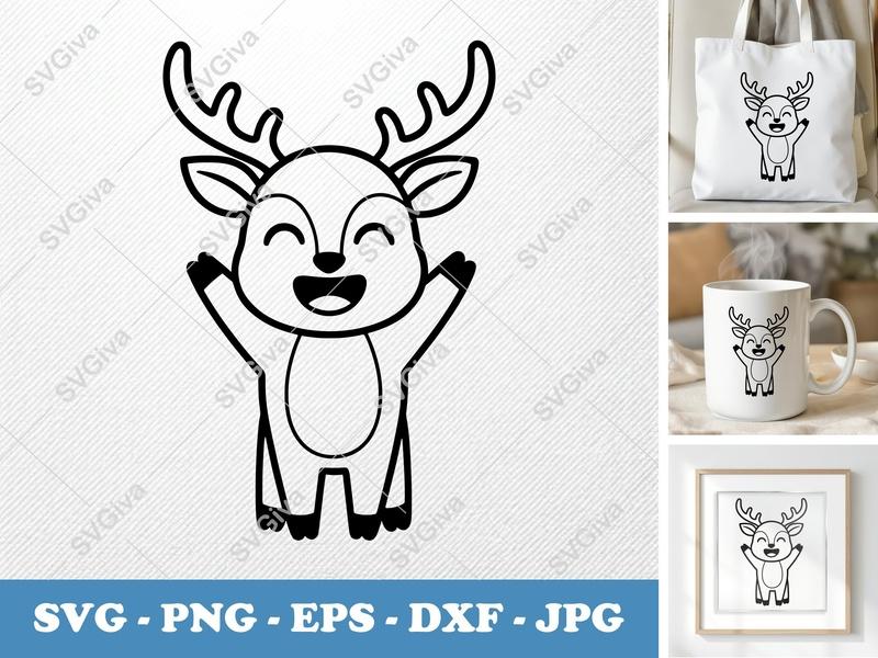 Deer Smiling Happily SVG | Puffy Soft Forms PNG DXF EPS | Cricut Silhouette Cut File