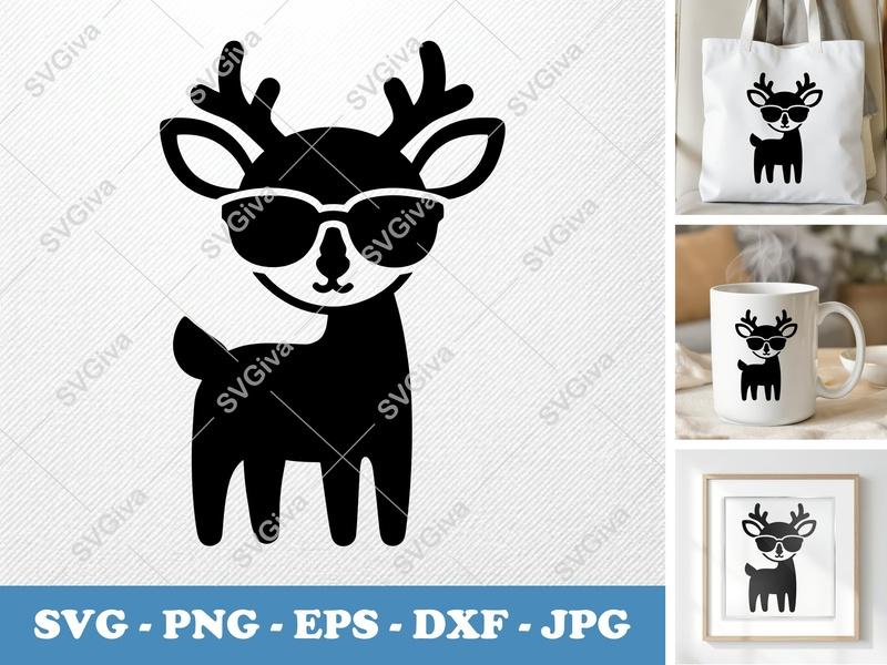 Deer SVG, Cool Deer with Sunglasses, Cut File for Cricut & Silhouette, Modern Animal PNG EPS DXF Vector Art