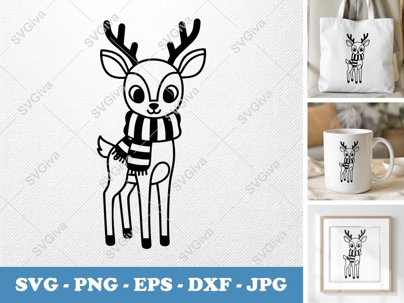 Deer SVG Cut File | Cute Reindeer with Scarf | Christmas Animal Clipart | PNG, EPS, DXF for Cricut & Silhouette