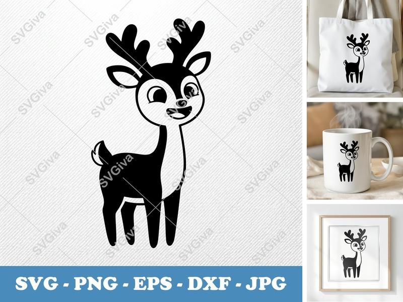 Deer SVG, Cute Cartoon Reindeer Cut File, Modern Animal Clipart, PNG EPS DXF for Cricut Silhouette