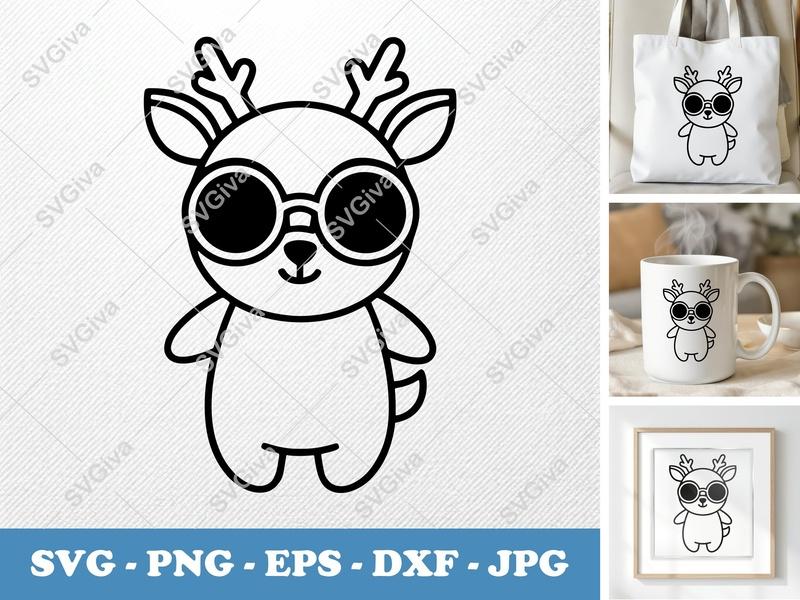 Deer SVG | Cute Cartoon Reindeer with Glasses | Animal Clipart, PNG, EPS, DXF for Cricut & Silhouette