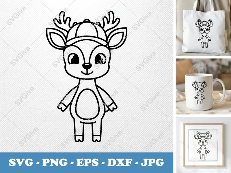 Deer SVG, Cute Deer with Cap | Cartoon Reindeer Cut File for Cricut, Silhouette | PNG, EPS, DXF | Kids Animal Design