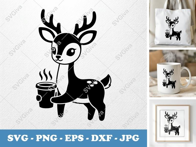 Deer SVG, Cute Fawn Coffee Cup PNG DXF EPS, Modern Clean Design for Cricut Silhouette, Animal Clipart Vector Cut File