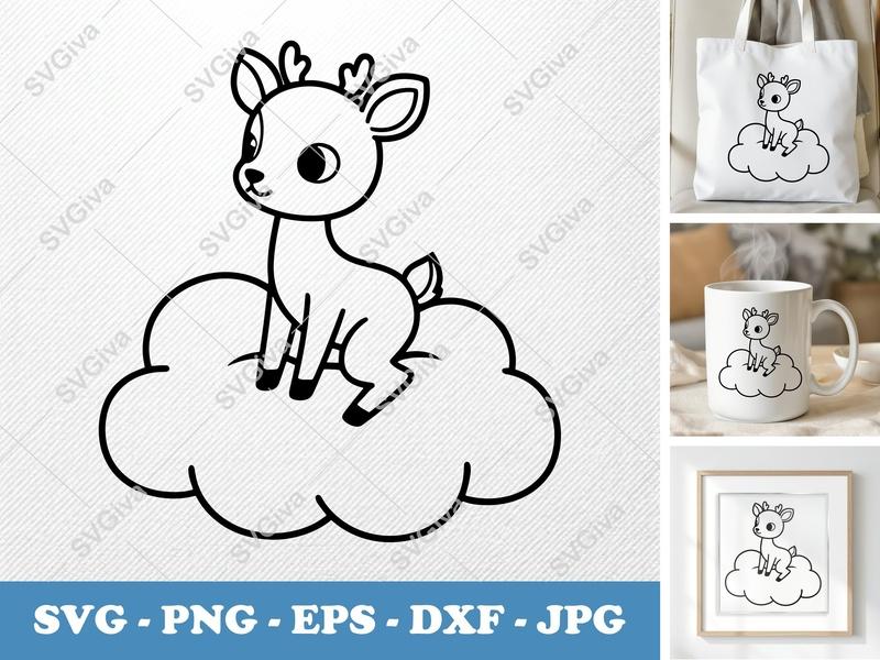 Deer SVG, Cute Fawn on Cloud | Baby Animal Cut File, Modern Nursery Decor | PNG EPS DXF for Cricut & Silhouette
