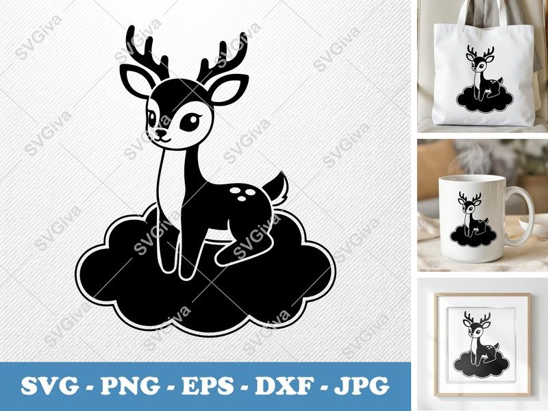 Deer SVG, Cute Fawn on Cloud Clip Art, Baby Deer Cut File, PNG, EPS, DXF for Cricut, Silhouette, Kids Nursery Decor