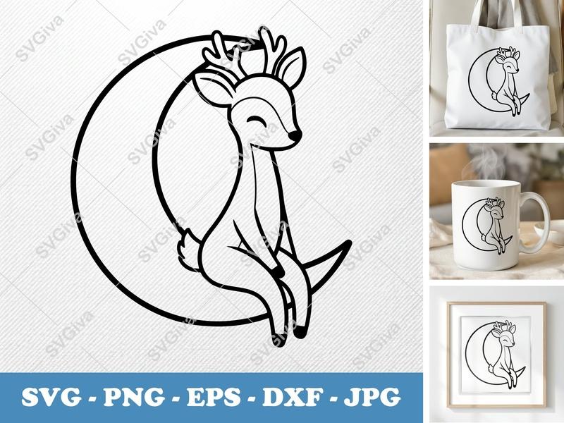 Deer SVG, Cute Fawn on Moon, Baby Animal Clipart, Digital Cut File for Cricut, Silhouette | PNG EPS DXF Vector