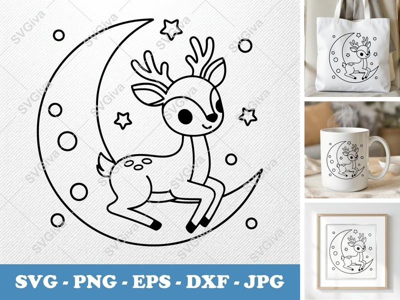 Deer SVG | Cute Fawn on Moon with Stars | Nursery Decor | PNG, EPS, DXF | Cricut, Silhouette Cut File