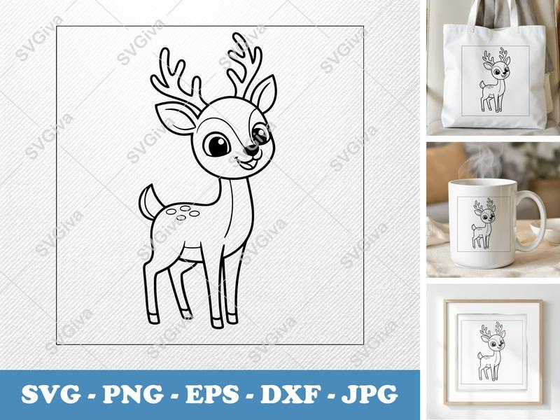 Deer SVG | Cute Fawn Outline | Baby Deer Clipart Cut File | PNG EPS DXF for Cricut & Silhouette | Animal Design