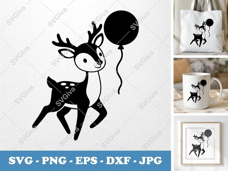 Deer SVG, Cute Fawn with Balloon | Baby Animal Cut File | PNG EPS DXF for Cricut & Silhouette, Modern Kids Design