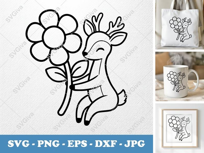 Deer SVG, Cute Fawn with Flower Cut File, Happy Animal Clipart, PNG EPS DXF for Cricut & Silhouette, Modern Design