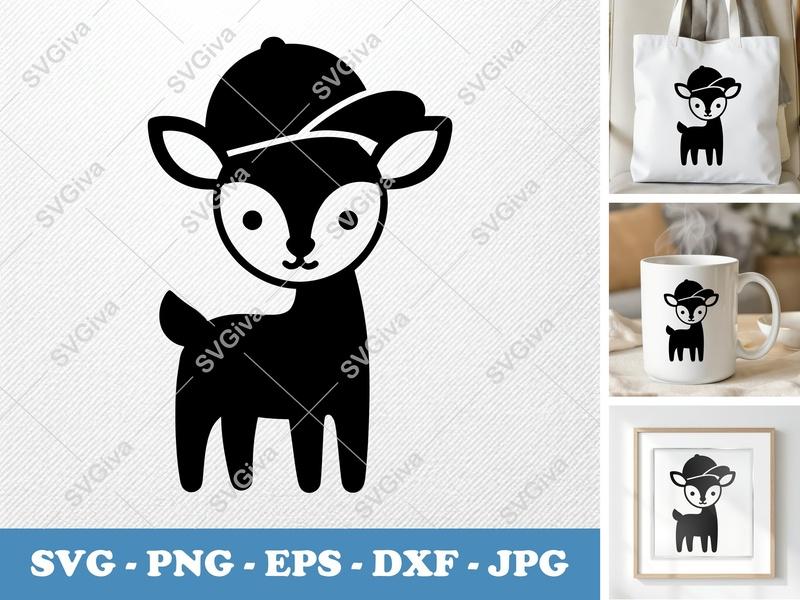 Deer SVG, Cute Fawn with Hat Clipart, Cartoon Animal Cut File, Baby Forest Wildlife, PNG EPS DXF for Cricut Silhouette