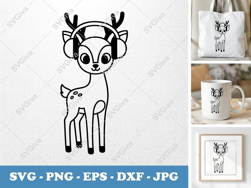 Deer SVG, Cute Fawn with Headphones Cut File, Modern Animal Clip Art | PNG EPS DXF for Cricut & Silhouette