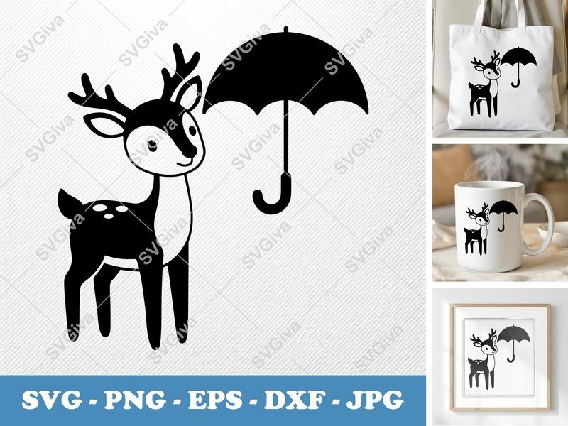 Deer SVG, Cute Fawn with Umbrella, Cartoon Animal Cut File | PNG EPS DXF for Cricut, Silhouette