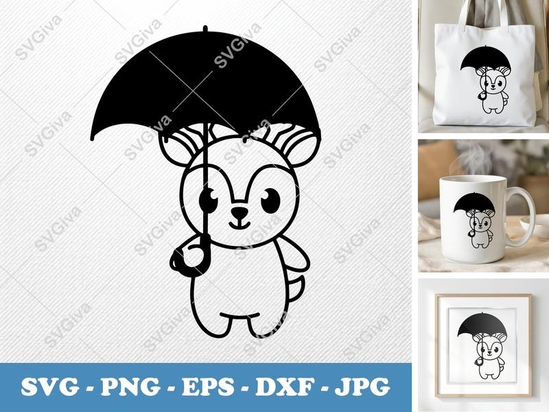 Deer SVG Cute Kawaii with Umbrella | Modern Clean Line Art | PNG EPS DXF | Cricut Silhouette File