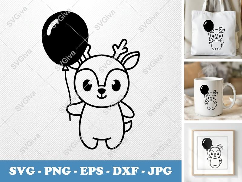 Deer SVG, Cute Reindeer with Balloon, Outline Kawaii Animal Cut File for Cricut, Silhouette | PNG EPS DXF Vector Clipart