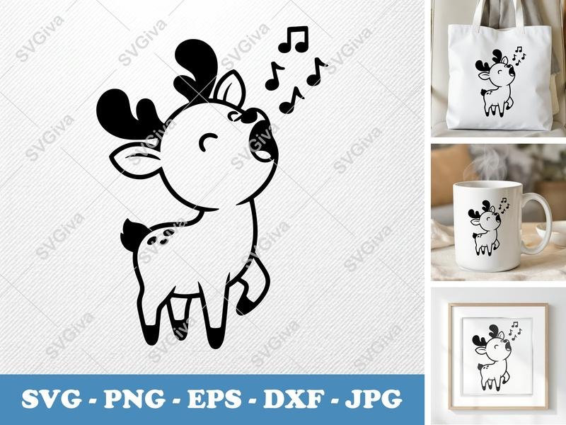 Deer SVG, Cute Singing Reindeer Cut File, Music Notes Clipart | PNG EPS DXF for Cricut Silhouette, Kids Craft