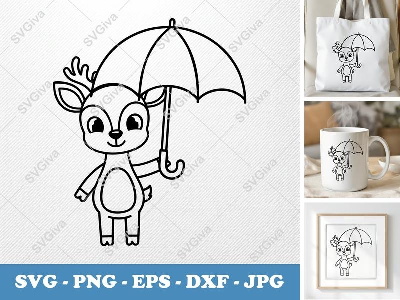Deer SVG, Cute Umbrella Outline PNG EPS DXF, Cartoon Fawn Clipart for Cricut, Modern Baby Animal Cut File, Kids Craft Design