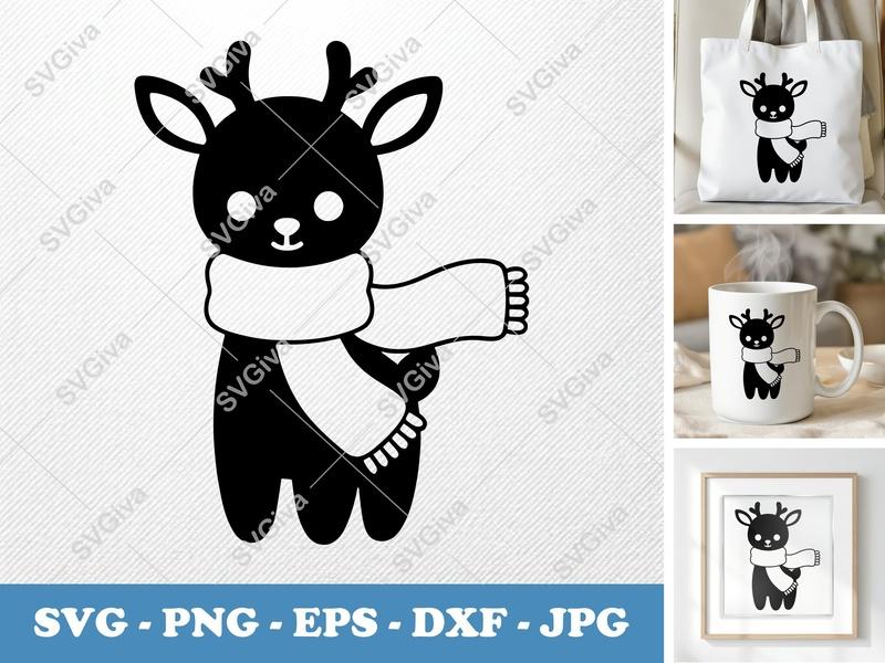 Deer SVG, Cute Winter Deer with Scarf | Modern Animal Outline | PNG EPS DXF for Cricut, Silhouette, Cutting File, Clipart
