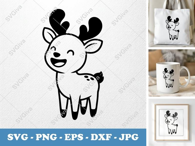 Deer SVG | Happy Reindeer Cut File, Christmas Animal Design, Baby Deer Clipart for Cricut, Silhouette | PNG EPS DXF
