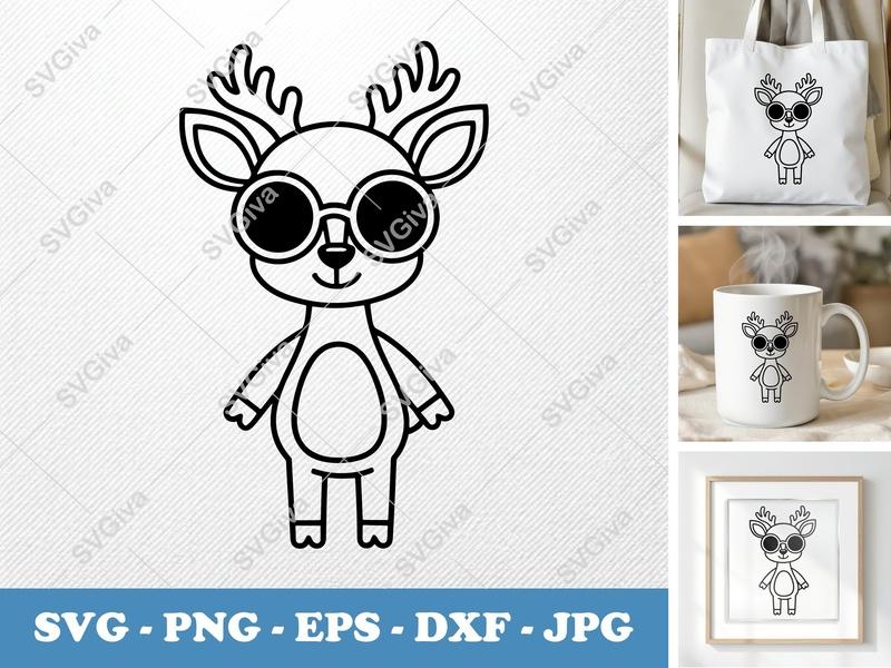 Deer SVG, Modern Cute Reindeer with Sunglasses, Christmas Animal Cut File for Cricut, Silhouette | PNG EPS DXF