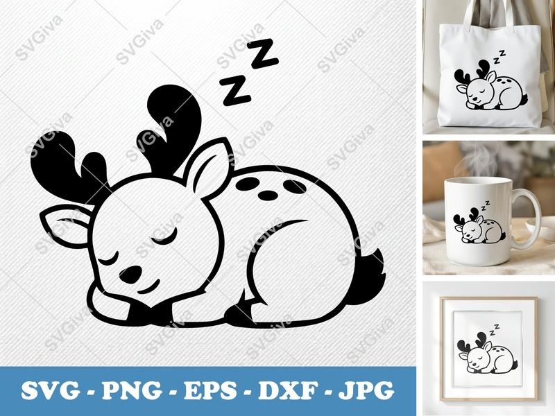 Deer SVG, Sleeping Fawn Cut File, Baby Deer Clipart, Antlers, Modern | PNG EPS DXF for Cricut, Silhouette, Vinyl Decal
