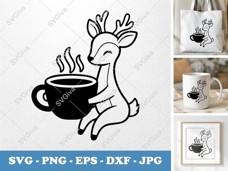 Deer SVG with Coffee Cup | Cute Reindeer Clipart | Winter Animal PNG EPS DXF | Cricut Silhouette File | Cozy Hot Drink Design