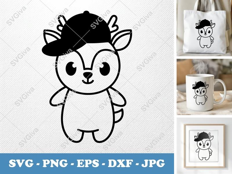 Deer SVG with Hat | Cute Modern Cartoon Fawn | PNG EPS DXF for Cricut & Silhouette | Animal Clipart Cut File
