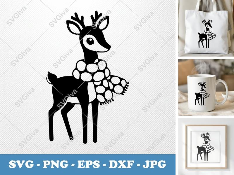 Deer SVG with Scarf, Modern Reindeer Cut File, Winter Animal PNG EPS DXF for Cricut & Silhouette, Christmas Craft Design