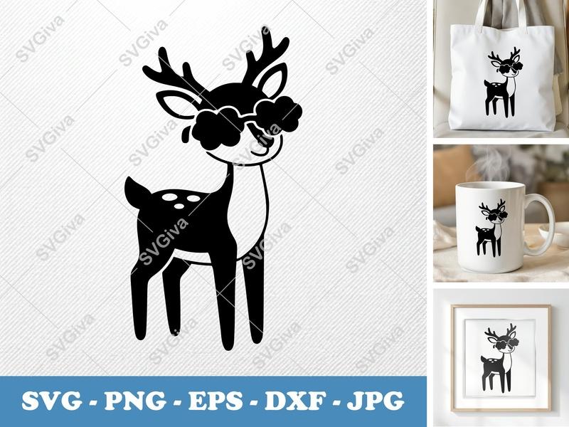 Deer SVG with Sunglasses | Cool Buck Fawn | Modern Animal Cut File | PNG EPS DXF for Cricut, Silhouette