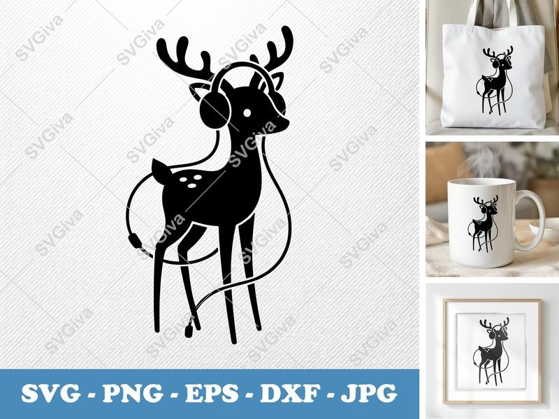 Deer Wearing Headphones SVG | Puffy Smooth Silhouettes | PNG DXF EPS | Cricut Silhouette File