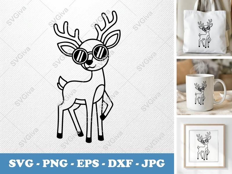 Deer Wearing Sunglasses SVG PNG DXF EPS | Animal Cut File Cricut Silhouette