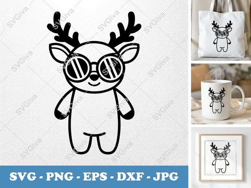 Deer wearing sunglasses SVG | Puffy Inflatable Deer Cut File | Pillow Soft Shapes PNG DXF EPS | Cricut Silhouette
