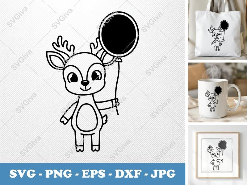 Deer with Balloon SVG | Cute Baby Reindeer PNG EPS DXF for Cricut & Silhouette | Outline Animal Cut File