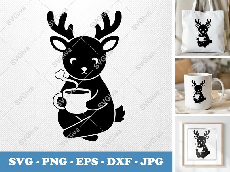 Deer with Coffee Cup SVG PNG DXF EPS | Cute Animal Cut File for Cricut Silhouette