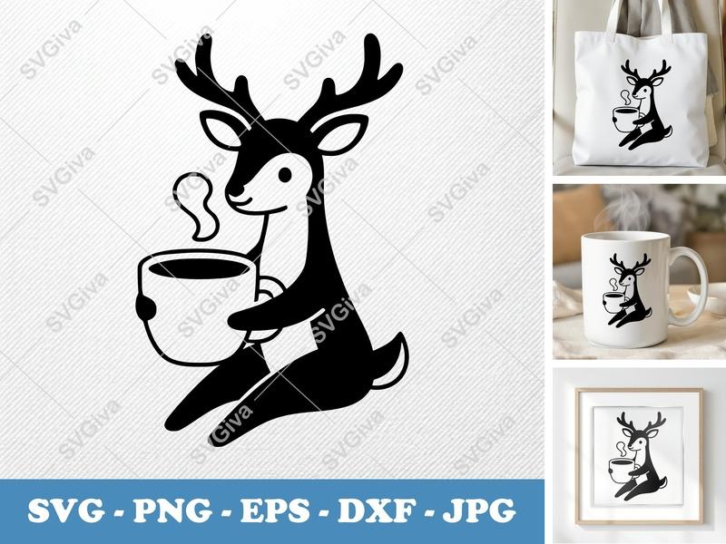 Deer with Coffee Cup SVG | Puffy Soft Forms | Inflated Pillow-Soft Design | PNG DXF EPS | Cricut Silhouette File