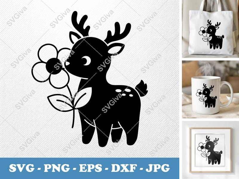 Deer with Flower SVG | Cute Fawn PNG DXF EPS Cut File for Cricut Silhouette Projects