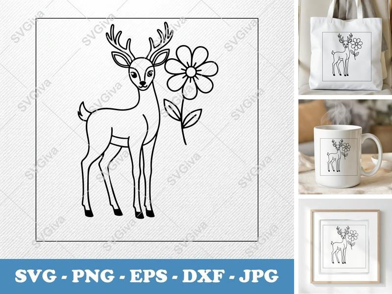 Deer with flower SVG | Friendly Bean-Shaped Cut File | PNG DXF EPS for Cricut & Silhouette