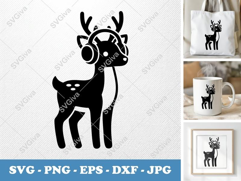 Deer with Headphones SVG | Modern Minimalist Reindeer Cut File | PNG EPS DXF for Cricut & Silhouette, Digital Design