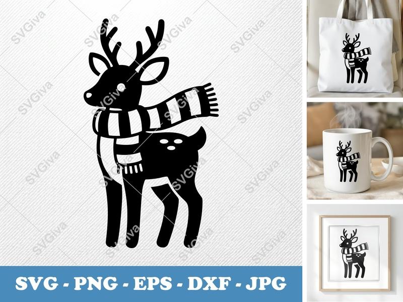 Deer with Scarf SVG | Christmas Winter Reindeer Cut File for Cricut, Silhouette | PNG EPS DXF | Holiday Clipart Vector