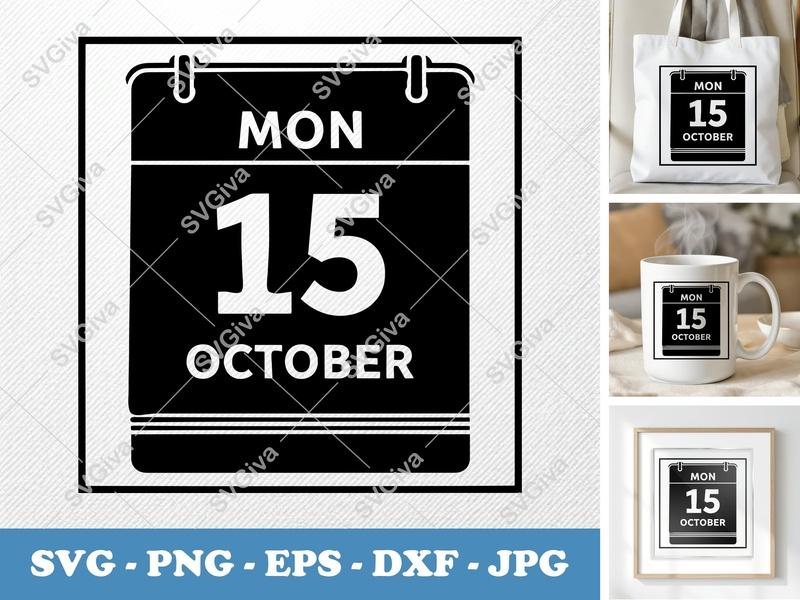 Desk Calendar classic svg icon | October 15th Date | Solid Black Fill, White Contour | SVG PNG EPS DXF for Cricut Silhouette