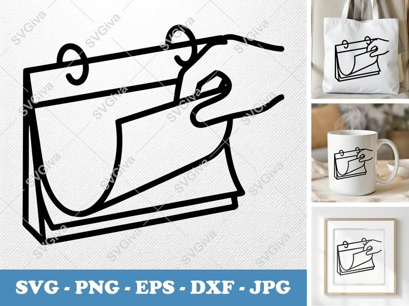 Desk Calendar in active use SVG | Hand Flipping Page Icon | Line Art Outline | PNG DXF EPS for Cricut Silhouette