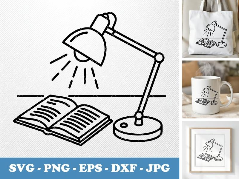 Desk Lamp in active use SVG, Reading Book Outline, Light Beam, Desk Decor Icon | PNG EPS DXF for Cricut Silhouette