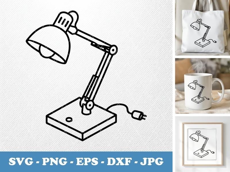 Desk Lamp isometric angle SVG | Double Outline, Clean Minimalist | PNG EPS DXF for Cricut, Silhouette, Workspace Decor