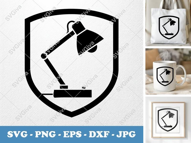 Desk Lamp SVG | Modern Clean Design | Black Shield Icon | PNG EPS DXF | Cricut Silhouette Cut File