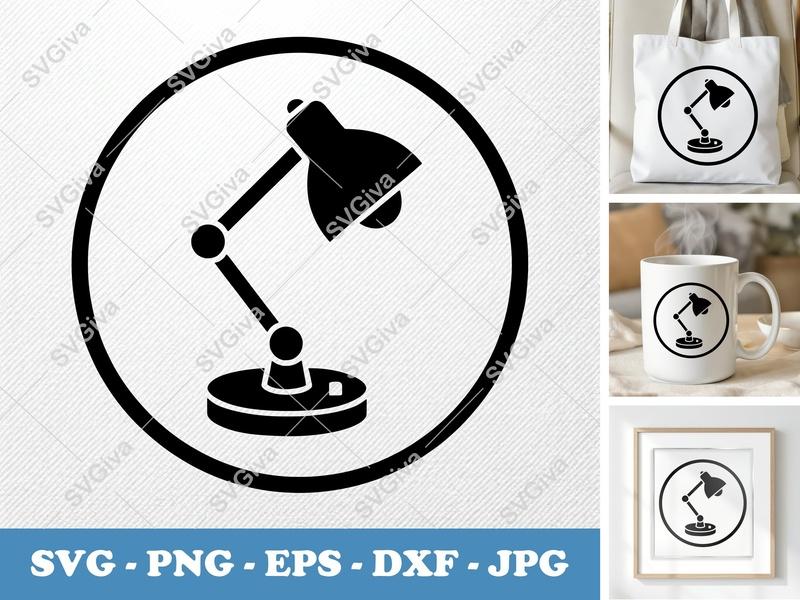 Desk Lamp SVG | Modern Lighting Icon, Adjustable Arm, Silhouette PNG EPS DXF for Cricut