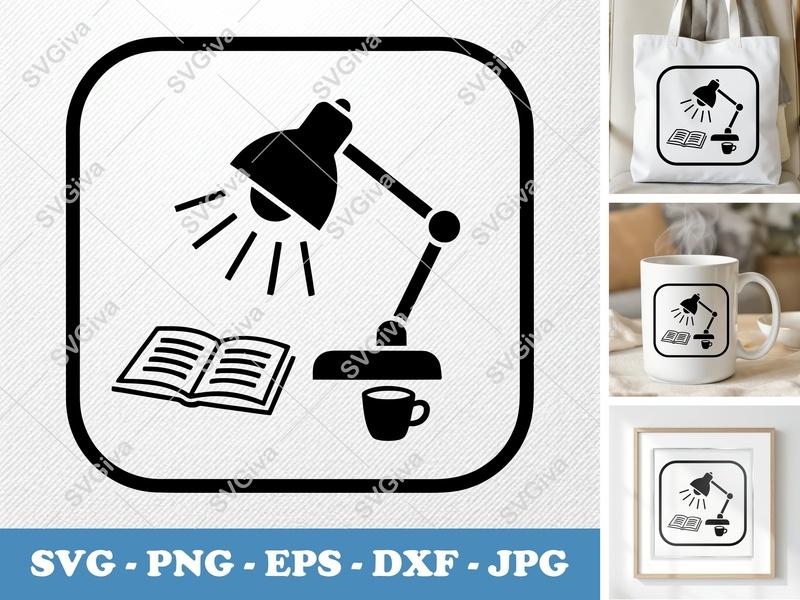 Desk Lamp SVG | Modern Study Light, Book & Coffee Icon | PNG EPS DXF for Cricut Silhouette
