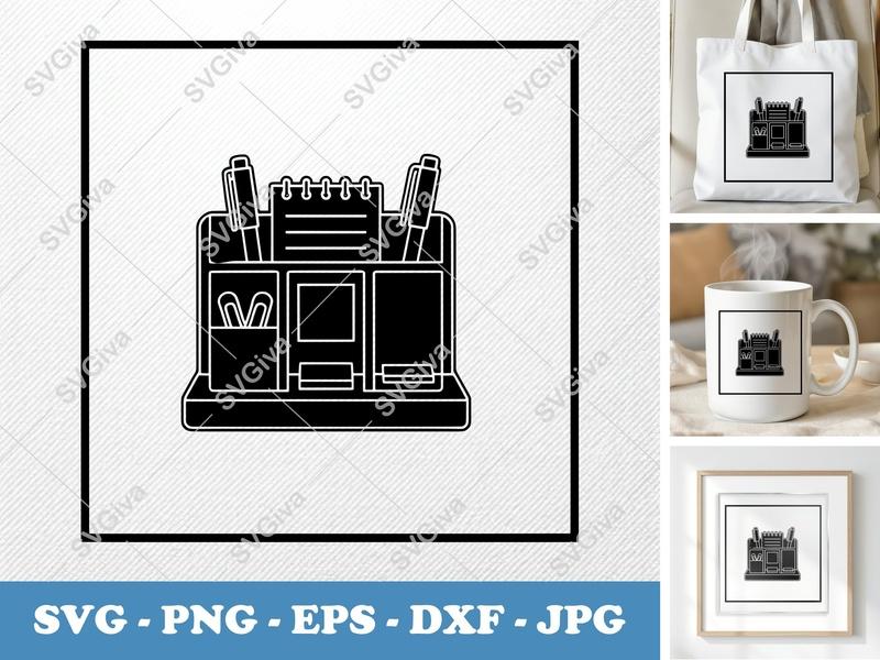Desk Organizer SVG, Modern Clean Design with Pens & Notepad, PNG EPS DXF for Cricut & Silhouette, Office Supply Cut File