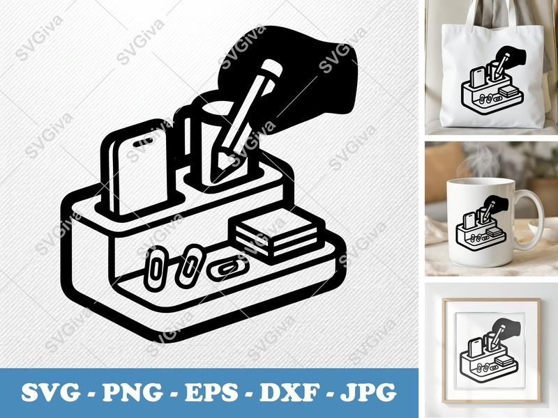 Desk Organizer SVG | Modern Desktop Holder, Phone Stand, Pencil Cup | PNG EPS DXF for Cricut, Silhouette, Office Clipart