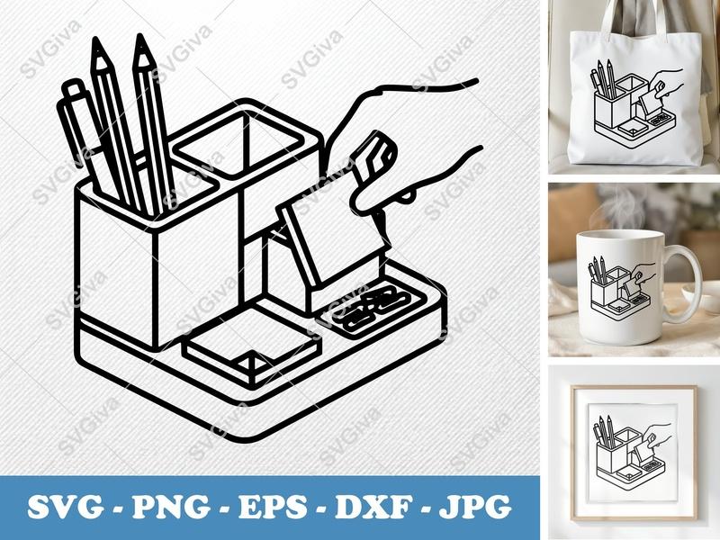 Desk Organizer SVG | Modern Pen Holder, Note Dispenser | PNG EPS DXF for Cricut, Silhouette | Office Supplies Clipart